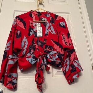 Express Red Floral Tie-Front Blouse